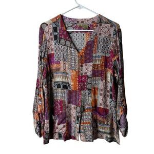 Vintage Islander Patchwork Button Front Boho Long Sleeve Blouse
